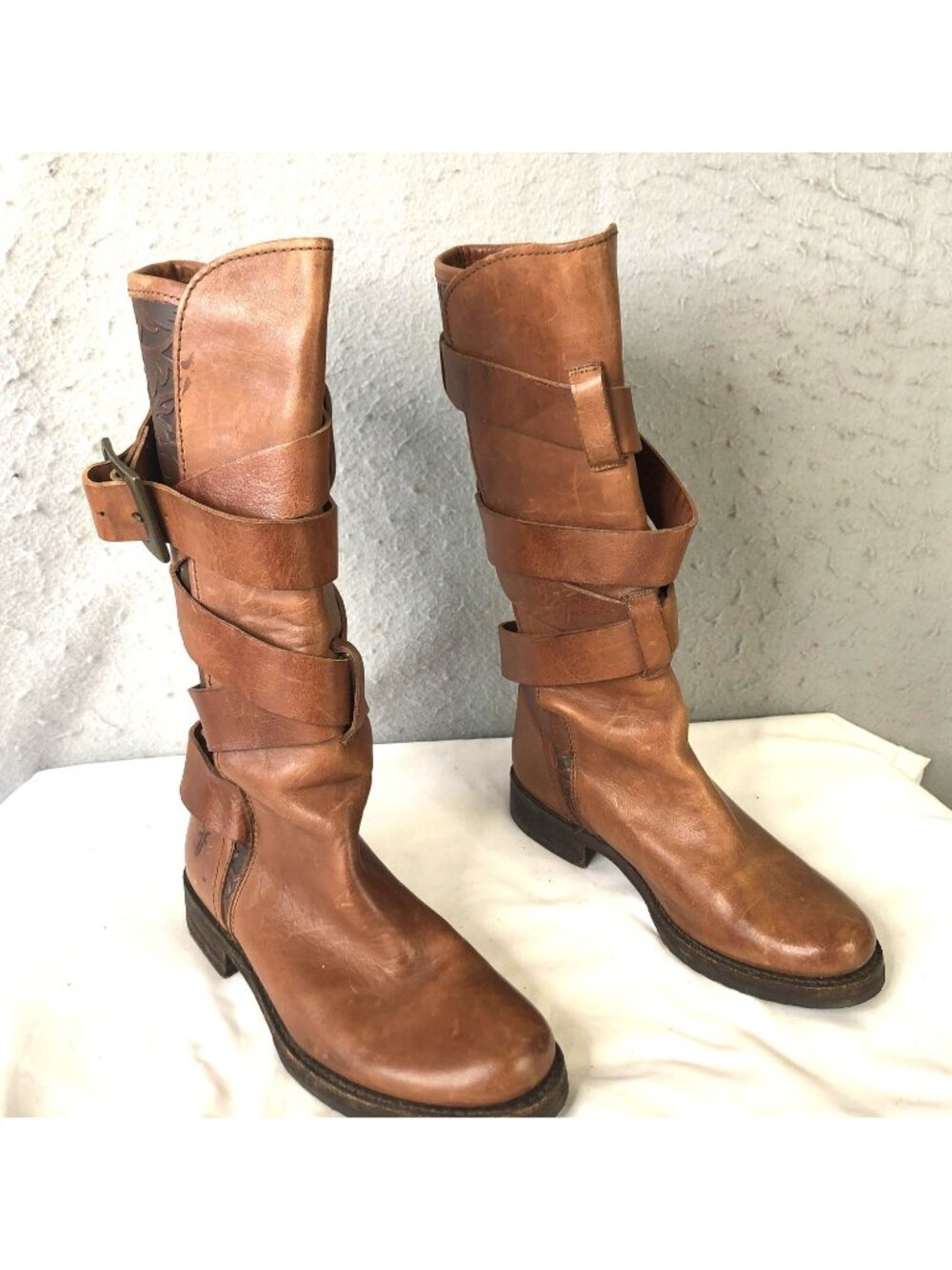 Frye Boots Womens Size 6.5 Brown Leather Strappy Buckle Combat Biker Tooled Retr